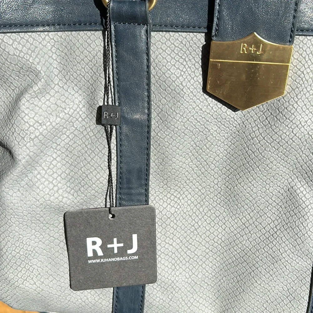 R+J Karalyn Grey Snakeskin Embossed Satchel Handbag Navy Trim NWT HK-217-KAR